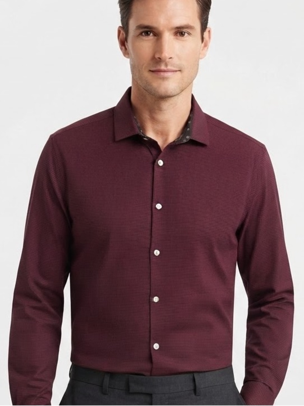 Ted Baker London Men's XL Long Sleeve Button-Down Shirt Burgundy Houndstooth